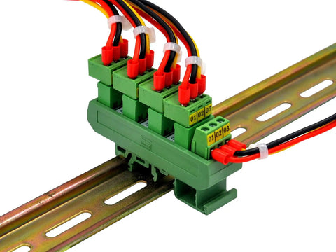 Slim DIN Rail Mount Pluggable Screw Terminal Block Distribution Module 15-Position 5x3, 300V 10A Per Position, mounted on rail