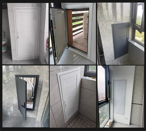 Oversized Lockable Access Door For Crawl Spaces And Attics Flush Mounted Insulated Wall Panel For Drywall And Laundry Rooms 36X48 White Finish shown in multiple angles.