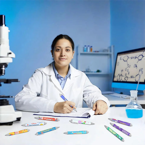 Science Theme Ballpoint Pens 10 Pack Colorful STEM Design Pens With Lab Icons on a lab desk with a scientist writing.