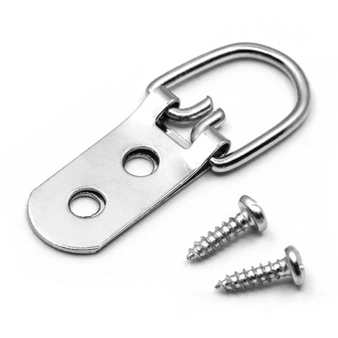 Heavy Duty D Ring Picture Hangers Bulk Pack 50 Count Two Hole With Screws One Inch Wide Supports Up To 40 Lbs For Wood Picture Frames