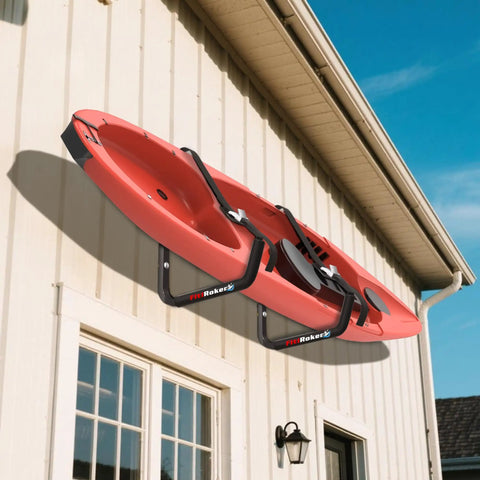 Heavy Duty Wall Mounted Kayak Rack Holds 120 Pounds Beast Mode Garage Saver with red kayak mounted on wall.