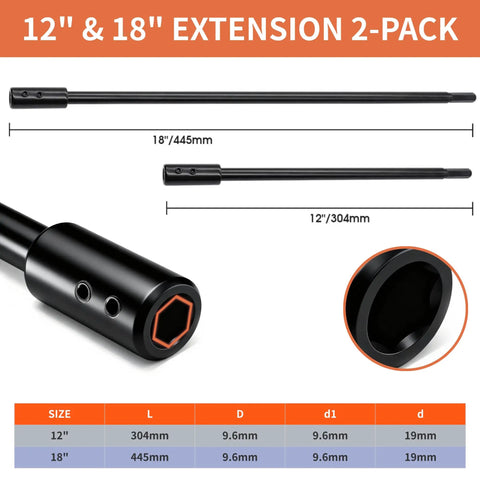 Heavy Duty Drill Bit Extension Set With Three Eighth Inch Hex Shank And Extra Long Forstner Bit Adapter 12 & 18 inch carbon steel.
