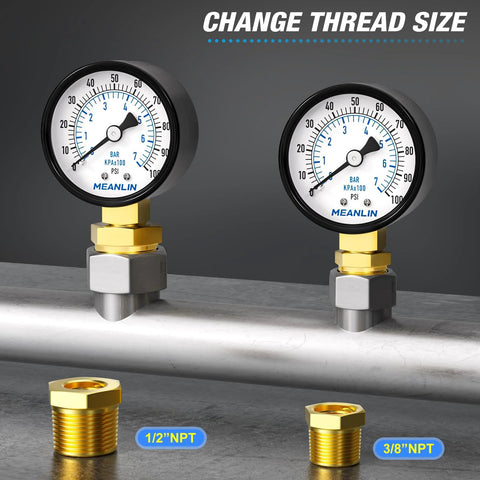 Well Pump Pressure Gauge 0 to 100 PSI, 2 Inch Dial Face, Lower Mount, One Quarter Inch NPT Port showing thread size options