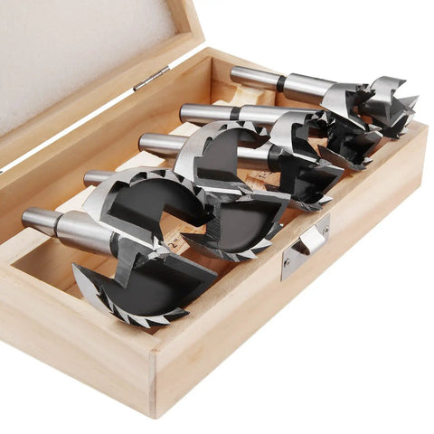 5 Piece Forstner Bit Set For Woodworking With Round Shank High Speed Carbon Steel Drill Bits in wooden storage case