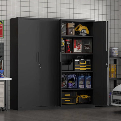 72 Inch Tall Metal Garage Storage Cabinet With Lock, 18 Inch Deep Steel Locker With Doors And Four Adjustable Shelves, Black
