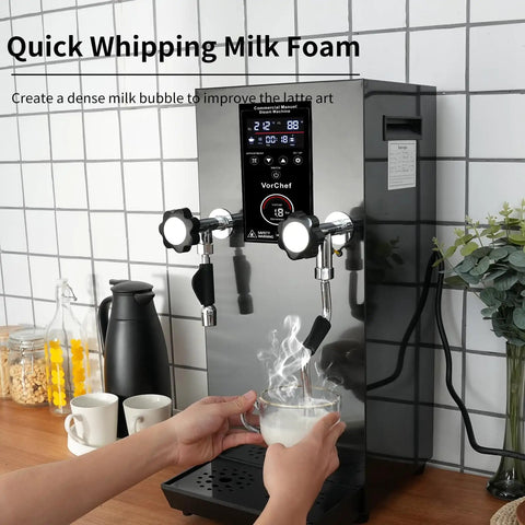 Barista Grade Four In One Commercial Milk Frother 2500W 110V with steam frothing and LED display on kitchen counter
