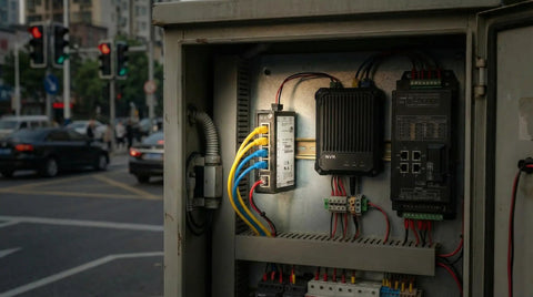 Installed Five-Port Unmanaged Industrial Gigabit Ethernet Switch For DIN Rail Mount in urban control cabinet.