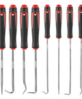 Eight Piece Precision Pick Set For Automotive Seals, O Rings, And Gaskets, Durable A45 Carbon Steel With Chrome Plated Finish, Easy Oil Seal Removal And Lock Ring Extraction Tools, eight black and red handles