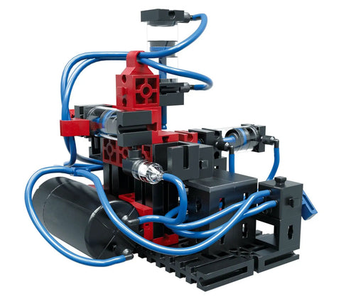Pneumatic Power Building Kit For DIYers With 200 Piece Set Includes Cylinders Pump Hand Valves And Air Tank Build 5 Pneumatic Models No Batteries Needed Learn Air Compression And Control, assembled model with blue air tubes