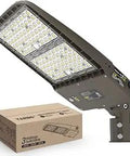 LED Parking Lot Light With Switchable 320W 300W 280W and box, showing slip fitter and dusk to dawn photocell