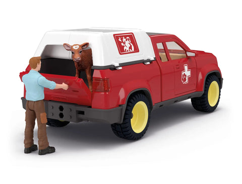 Farm Vet Playset With 29 Piece Veterinarian Figures Truck Cow Figurine And Accessories Kid Friendly 3 Plus Realistic Vet Hospital Role Play On The Farm For Fun featuring a red truck with cow and vet figure.