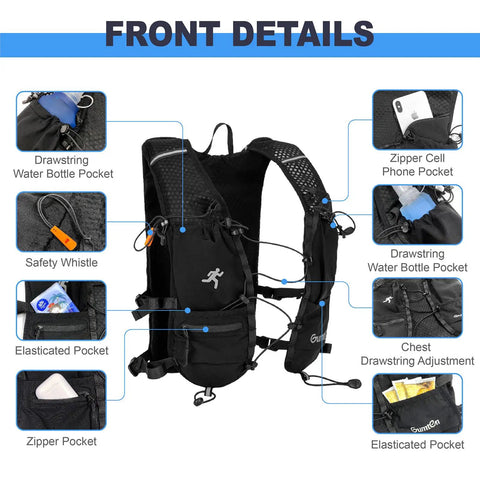 Front details of unisex hydration running vest with adjustable chest straps, lightweight nylon gear for marathon, jogging, and hiking.