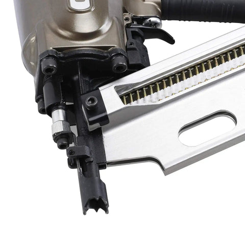 Close-up of 21 Degree Full Round Head Framing Nailer with Tool Free Depth Adjustment showing nail loading area.