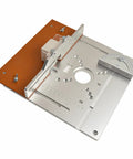 Heavy Duty Aluminum Router Table Insert Plate With Precision Center Bore And Pro Miter Tracks showing detailed design and measurement features.