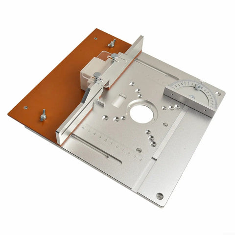 Heavy Duty Aluminum Router Table Insert Plate With Precision Center Bore And Pro Miter Tracks showing detailed design and measurement features.
