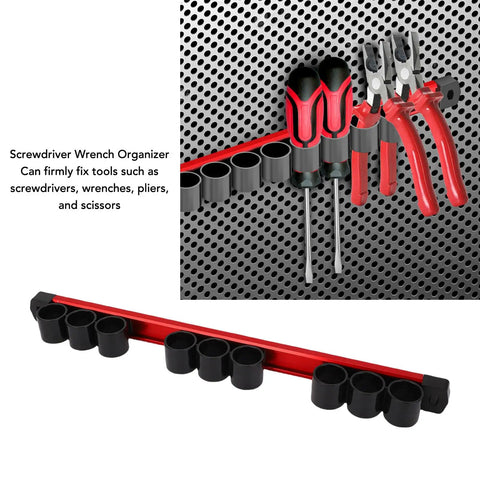 Workhorse Nine Slot Rail Tool Organizer Rack For Wrenches Pliers And Scissors With Rock Solid Aluminum Frame mounted on wall.
