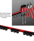 Nine Slot Rail Hand Tool Holder For Garage Workshop Organization Heavy Duty Aluminum And Plastic Rack Secures Screwdrivers Wrenches Pliers mounted on a wall with tools inside the rack.