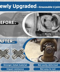 Before and after of Greaseable U Joint showcasing upgrade from rusty joint to new heavy-duty U joint for durability.