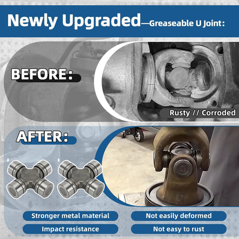 Before and after of Greaseable U Joint showcasing upgrade from rusty joint to new heavy-duty U joint for durability.
