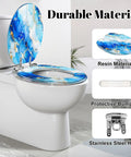 Elongated Alcohol Abstract Indigo White Gold Stains Stains Toilet Seat with blue and gold design, resin material, installed on toilet.