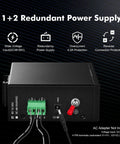 Heavy Duty PoE Switch With Eight PoE Plus Ports And One Gigabit Uplink 10 100 Mbps Per PoE Port 1 Gigabit Ethernet And 1 SFP Uplink VLAN Extend Mode DIN Rail And Wall Mount Supports IEEE 802 3af And At 30 W Per Port showing rear power connections and specifications