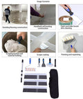 Professional Self Leveling Cement Tool Kit Featuring Four And Six Point Five Inch Notched Trowels Nine Inch Paint Roller Extension Pole Handle Plus Heavy Duty Scrapers For Dead Flat No Hassle Floors in usage scenarios.