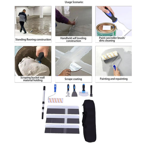 Kick Ass Self Leveling Cement Tool Kit With Long Reach Extension Pole includes scrapers, rollers, and tools for smooth flooring projects.