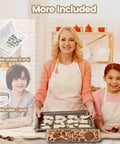 Family baking with Rose Embossed Rolling Pin For Baking Cookies And Shortbread With Flower Pattern, cookies on tray, ingredients shown.