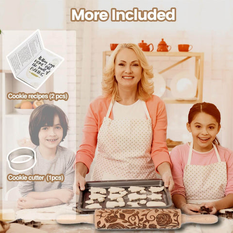 Family baking with Rose Embossed Rolling Pin For Baking Cookies And Shortbread With Flower Pattern, cookies on tray, ingredients shown.
