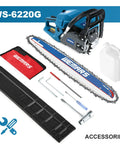 Gas Powered Chainsaw 62cc 20 Inch Chainsaw For Cutting Wood Trees And Branches with tools and accessories shown.