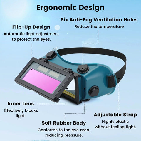 Auto Darkening Welding Goggles With Clear Inner Lenses And Flip Up Eye Pro For Welders Solar Powered ANSI Z87 Certified Durable PP And ABS Shell All Day Comfort Fit Dark Green