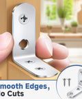 20 Pieces Stainless Steel L Bracket Corner Brace Sets For Wood Shelves shown with smooth edges and screws
