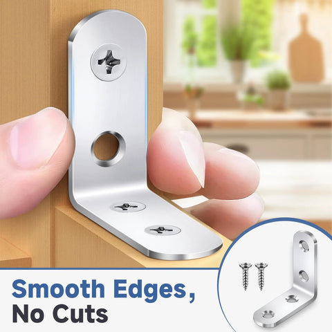 20 Pieces Stainless Steel L Bracket Corner Brace Sets For Wood Shelves shown with smooth edges and screws