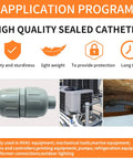 Application program for high quality sealed catheter with images of conduit connector, rooftop installation, and indoor electrical setup.