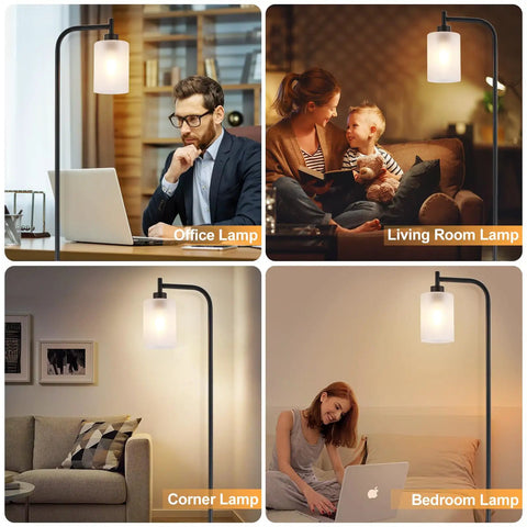 Office and living room settings with gold floor lamp tall standing light with clear glass shade for living room and bedroom.
