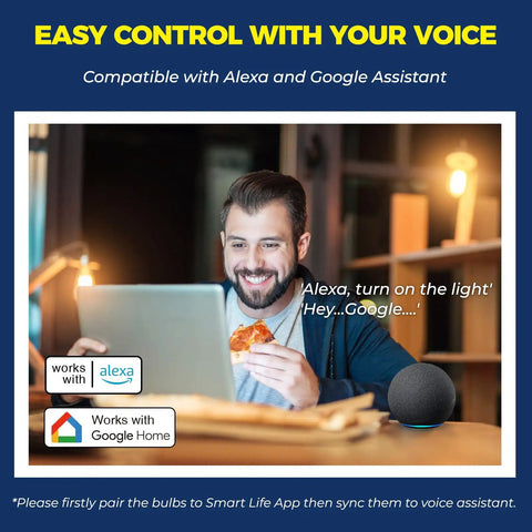 Man using laptop to control E12 Smart LED Bulbs 60W Equiv Candle Candelabra with voice via Alexa and Google Home.