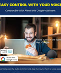 Man using laptop with Smart E12 LED Bulbs For Chandeliers 6W 500LM RGBCW Candle Candelabra 60W Equivalent, Alexa Google compatible