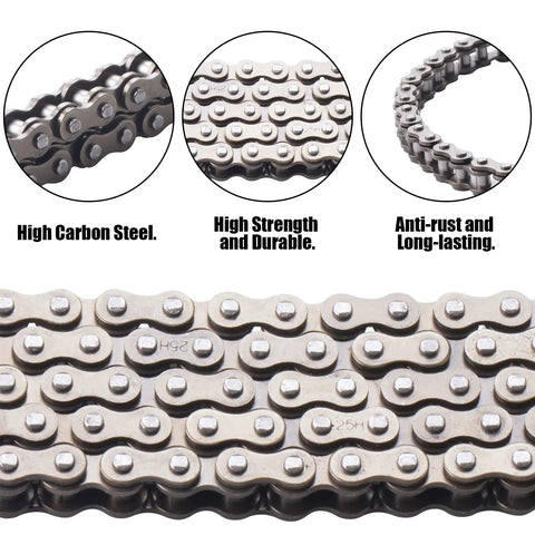 Close-up view of 25 Roller Chain 132 Link Heavy Duty Drive Chain for Razor MX500 MX650 SX500 MiniMoto XRF500, showing high carbon steel.