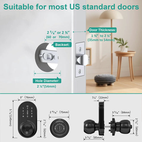 Diagram showing installation measurements for Keyless Entry Smart Door Lock With Fingerprint, Keypad And App Control For Front Door.
