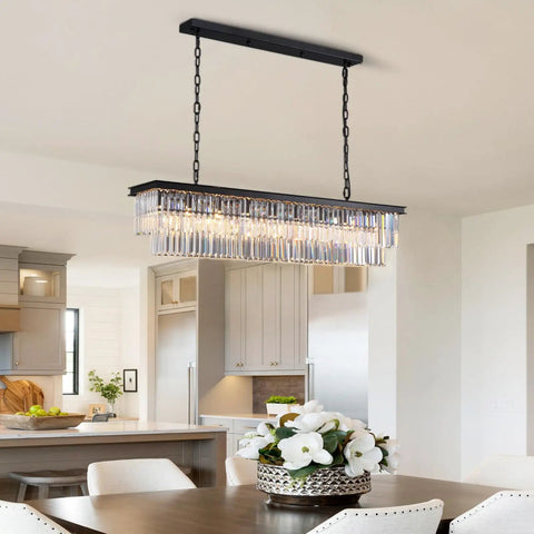 Rectangular Crystal Chandelier Black Modern Luxury With Six Lights Ceiling Fixture for dining room with elegant cut glass design.