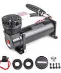 Heavy Duty 200 PSI 12V Electric Air Compressor Pump, stainless steel build with accessories including fittings and brackets.