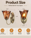 Vintage Glass Wall Sconces Set of 2,Aged Brass Bathroom Vanity Lighting size diagram with measurements on amber flower glass shades.