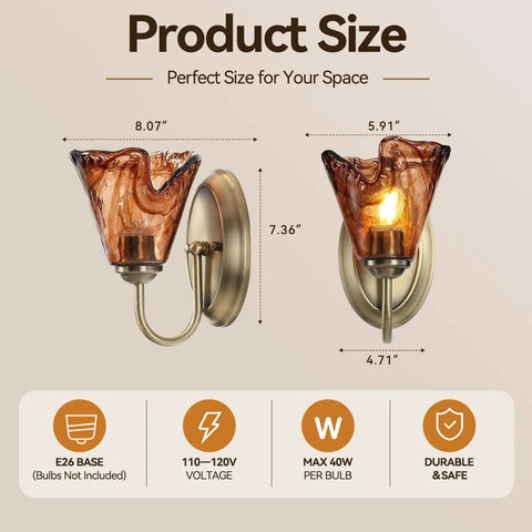 Vintage Glass Wall Sconces Set of 2,Aged Brass Bathroom Vanity Lighting size diagram with measurements on amber flower glass shades.