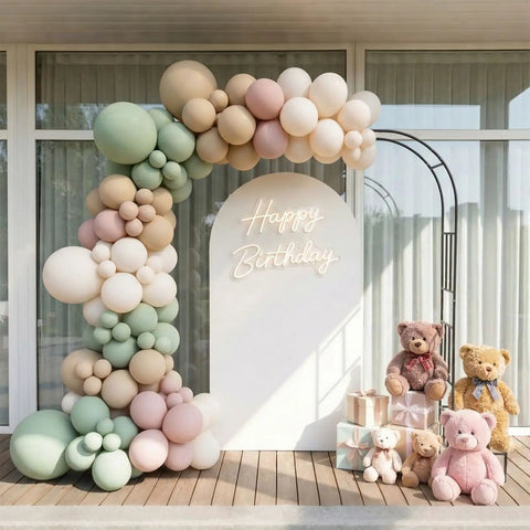 Garden Arch With Planter Boxes, Heavy Duty Iron Arbor Trellis for Climbing Plants, decorated with pastel balloons and teddy bears
