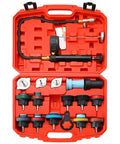 Top Notch 18 Piece Radiator Pressure Tester Kit For American Cars And Trucks Coolant System Leak Down Diagnosis With Quick Snap Coupler, inside red case.
