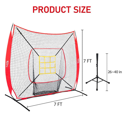 7x7 Ft Baseball And Softball Training Net With Adjustable Batting Tee Strike Zone Target Ground Stakes And Portable Hitting And Pitching Practice Set In Red For Backyard And Park Play