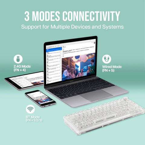 Premium 75 Percent Transparent Mechanical Gaming Keyboard With Hot Swappable Gasket Build And Dope Rgb Lighting clear keyboard connected to devices.