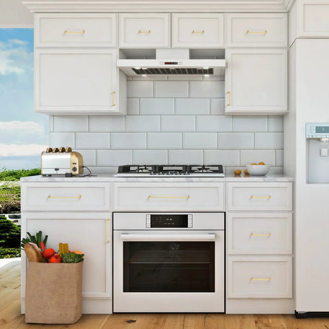 Kitchen cabinets with Brushed Brass Cabinet Handles 15 Pack With Three And Three Quarters Inch Hole Center And Four And Three Eighths Inch Overall Length Zinc Alloy Vintage Style Hardware installed above oven and stove.