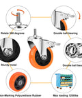 Heavy Duty Stem Casters Swivel Wheels With Threaded Stem Three Eighths Inch By Sixteen Threads By One Inch Thread Dual Locking Brakes Set Of Four For Industrial Machines Tools And Heavy Equipment Mobile Caster Kit with orange polyurethane wheels and metal frame.