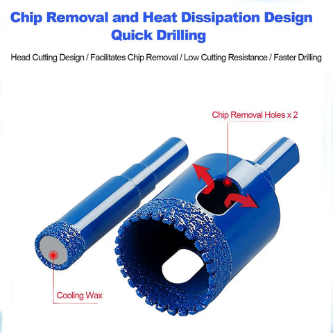 Blue drill bits with chip removal feature from Ten Piece Diamond Hole Saw Kit For Ceramic, Marble, Granite And Glass With Pro Grade Heavy Duty Brazed Core Bits And EVA Guide Jig, Serrated Dry And Wet Cutting Drill Bits Ranging From Six To Fifty Millimeters.